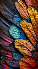 Brightly colored feathers are spread out in a close up view