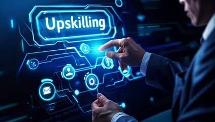 A man is pointing at a screen with the word "upskilling" on it
