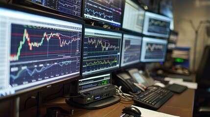 Fototapeta premium A stock trader monitors the market on multiple computer screens.