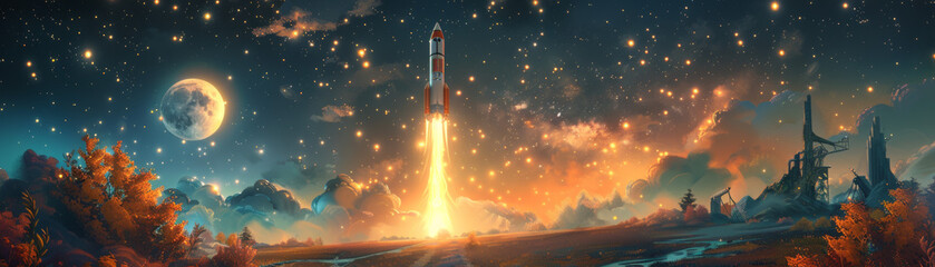 Fototapeta premium Space Rocket Launching at Sunrise