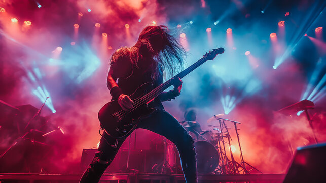 Heavy metal guitar hero solo on the concert stage with beautiful lighting and smoke background.