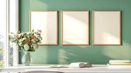 empty photo frames on the office wall with green walls, books and flowers in vases, sunlight coming in through the window