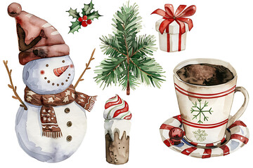 set of watercolor christmas decorations, toys and elements for design isolated on a white background