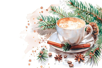 watercolor christmas drink coffee isolated on white background