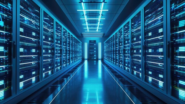 A parallel row of servers, adorned in electric blue, fills a technology-driven data center hallway with a symmetrical display of power and Azure technology. AIG41