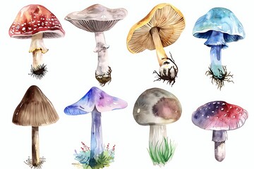 set of watercolor mushrooms isolated on white background
