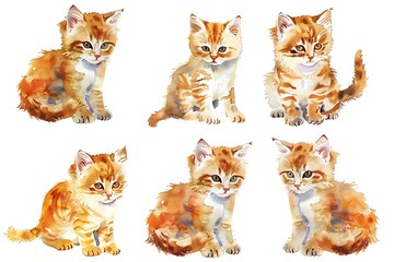 set of watercolor kittens isolated on white background