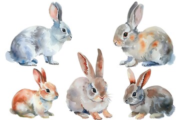set of watercolor rabbits isolated on white background