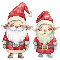 watercolor christmas cartoon santa claus, gnome or elf isolated on white background, fairytale character drawn with paints