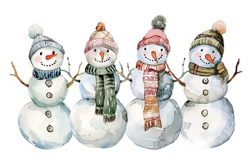 watercolor snowmen drawn with paint isolated on white background, christmas elements for design