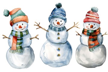 watercolor snowmen drawn with paint isolated on white background, christmas elements for design