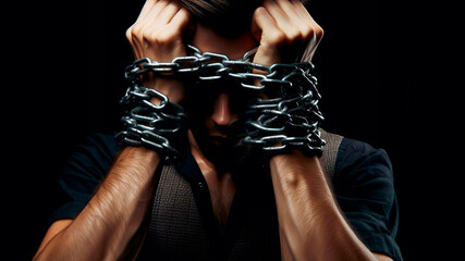 A man prisoner chained in a chain clinging to his head against a black background