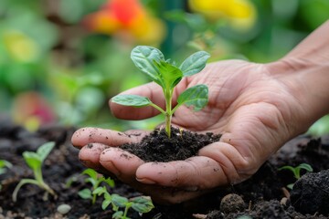 Hand nurturing a young plant in soil