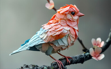 Illustration of a colorful bird made using paper origami, photo style
