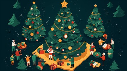Fototapeta premium People are decorating Christmas tree. There are a lot of Christmas trees. People are happy and smiling. It's Christmas time.