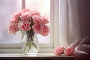Beautiful rose flowers in vase on table in kitchen.