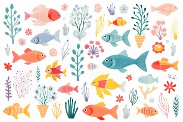 Ocean animals flat design top view marine biodiversity theme water color vivid