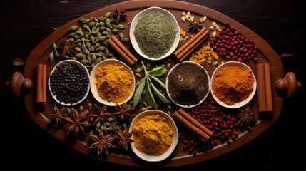 Colorful herbs and spices for cooking: turmeric, dill, paprika, cinnamon, saffron, basil and rosemary. Indian spices in wooden plate.