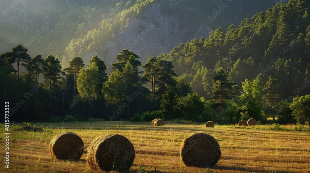 Canvas Prints At the base of the mountain near the forest lie picturesque haystacks dotting the agricultural field where the sun and moon meet at twilight symbolizing the changing of day and night The mo