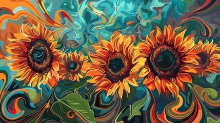 The image is a beautiful painting of sunflowers