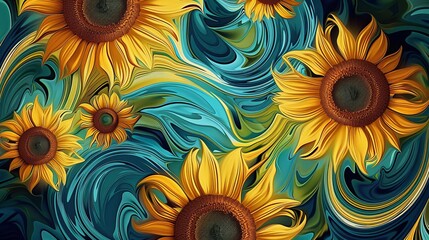 The image is a painting of sunflowers in a field