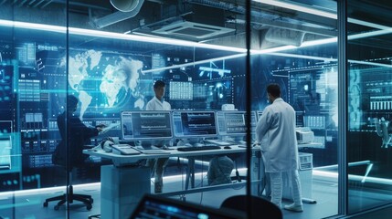 Scientists in a lab are using display devices and engineering to work on computers, exploring fonts and electric blue. They also share entertainment and art, while dealing with darkness in their job