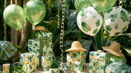 A botanical garden birthday with green and floral print balloons, leafy streamers, straw hats, and...