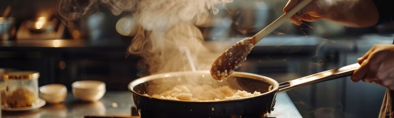 Someone is stirring up a pot of food with a wooden spoon, food background 