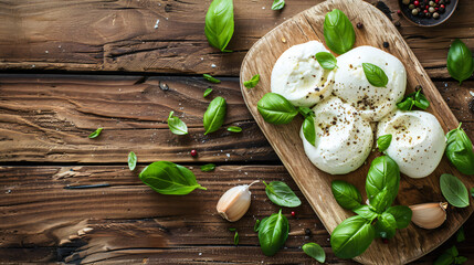 Board of tasty Burrata cheese with basil on wooden background