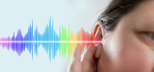 mature woman ear closeup listening, sound wave, acoustics Auditory System, Hearing Test, Cochlear...