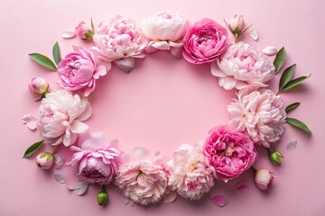 A frame with beautiful peony flowers on a pastel pink background. Flat layout, top view, place to copy, summer flowers.