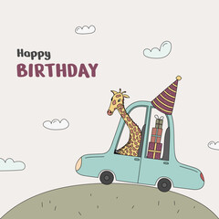 Greeting card with a cute giraffe that carries a lot of gifts in the car © Ilona