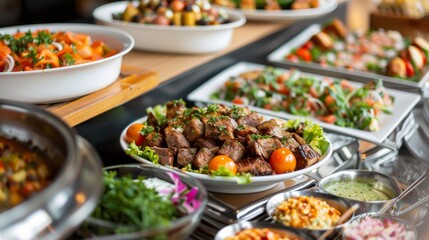 Obraz premium A variety of mouthwatering dishes are displayed on a buffet table, showcasing an array of flavors and textures. Different types of cuisine and ingredients are beautifully arranged for guests to enjoy