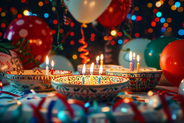 A festive and dynamic birthday scene featuring candles on patterned serving dishes, encircled by colorful balloons and a backdrop of cheerful streamers and festive lights .