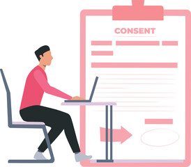 The boy is reading the consent form.