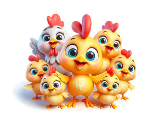 Fototapeta premium 3d cheerful yellow cartoon chickens with a hen, on a white background