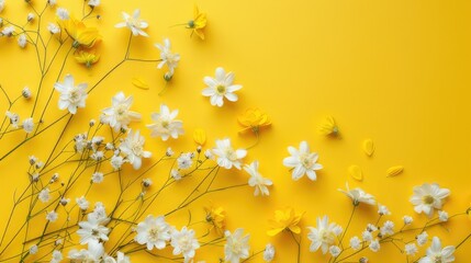 Vibrant Blooms White and Yellow Spring Flowers Blooming on Yellow Background for Fresh and Cheerful Designs
