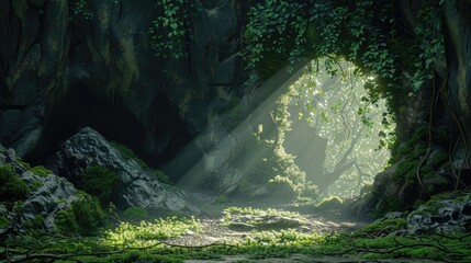 Hidden cave entrance, covered in moss and vines, dappled sunlight, magical atmosphere realistic - Powered by Adobe