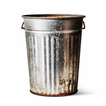 Rustic metal trash can isolated on white background