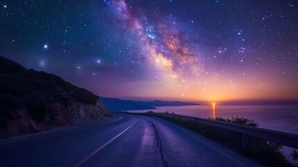 Scenic coastal road with open starry sky above and gentle sea breeze, minimalistic landscape, perfect for night photography and solitude
