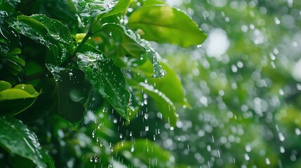 Obraz premium Slow motion scene of a leafy tree shaking off raindrops during a storm, focus on water droplets, nature s resilience and beauty