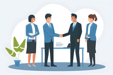 Minimalist Illustration of Onboarding New Employee with Manager Handshake in Flat Vector Style on White Background