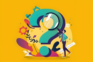 Fototapeta premium Minimalist Illustration of Problem Analysis with Businessman Analyzing Question Mark Using Magnifying Glass in Flat Vector Style