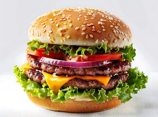 A juicy cheeseburger with lettuce, tomato and red onion on a white background