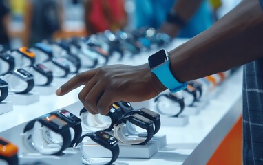 A consumer testing wearable tech devices like fitness trackers and smartwatches, evaluating their features in a tech store. background