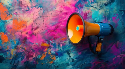 Vibrant abstract background with a megaphone ideal for product launches and marketing campaigns. Contemporary art collage, modern artwork. Concept of idea, inspiration, creativity.