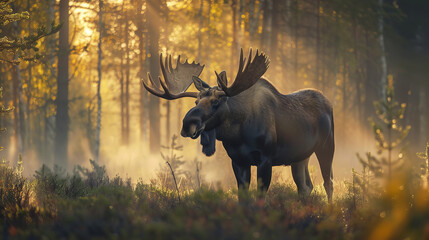 Majestic Moose in Misty Morning Forest Light  