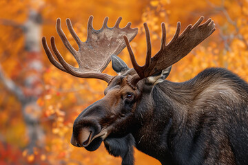 Bull Moose with Antlers Amidst Vibrant Autumn Colors  