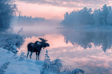 Moose by Frosty Lake at Dawn - Reflective and Peaceful Scene  