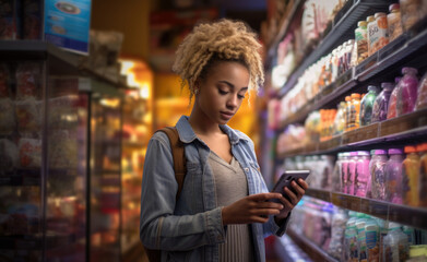 Portrait Of Millennial Lady Buying Food Groceries Walking In Supermarket. Female Customer Shopping.
